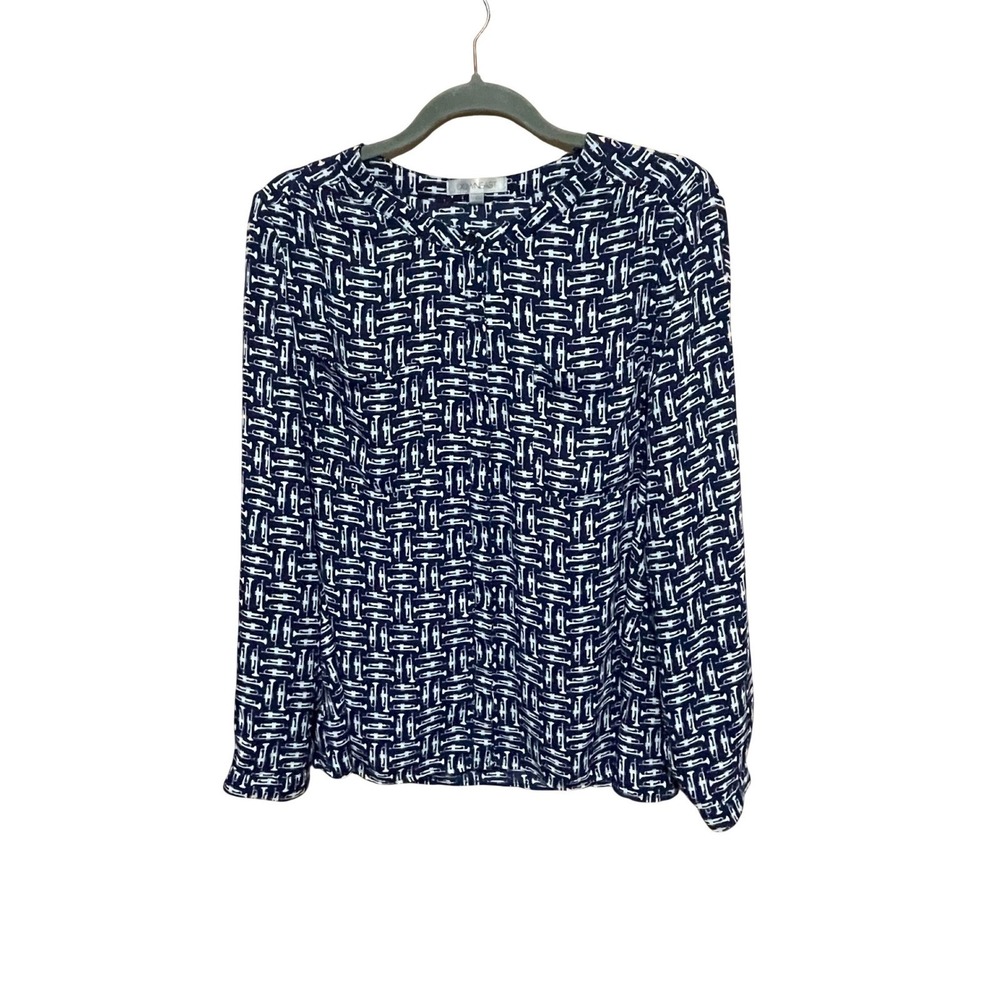 DownEast Navy Blue White Trumpet Print Button Down Long‎ Blouse Size L